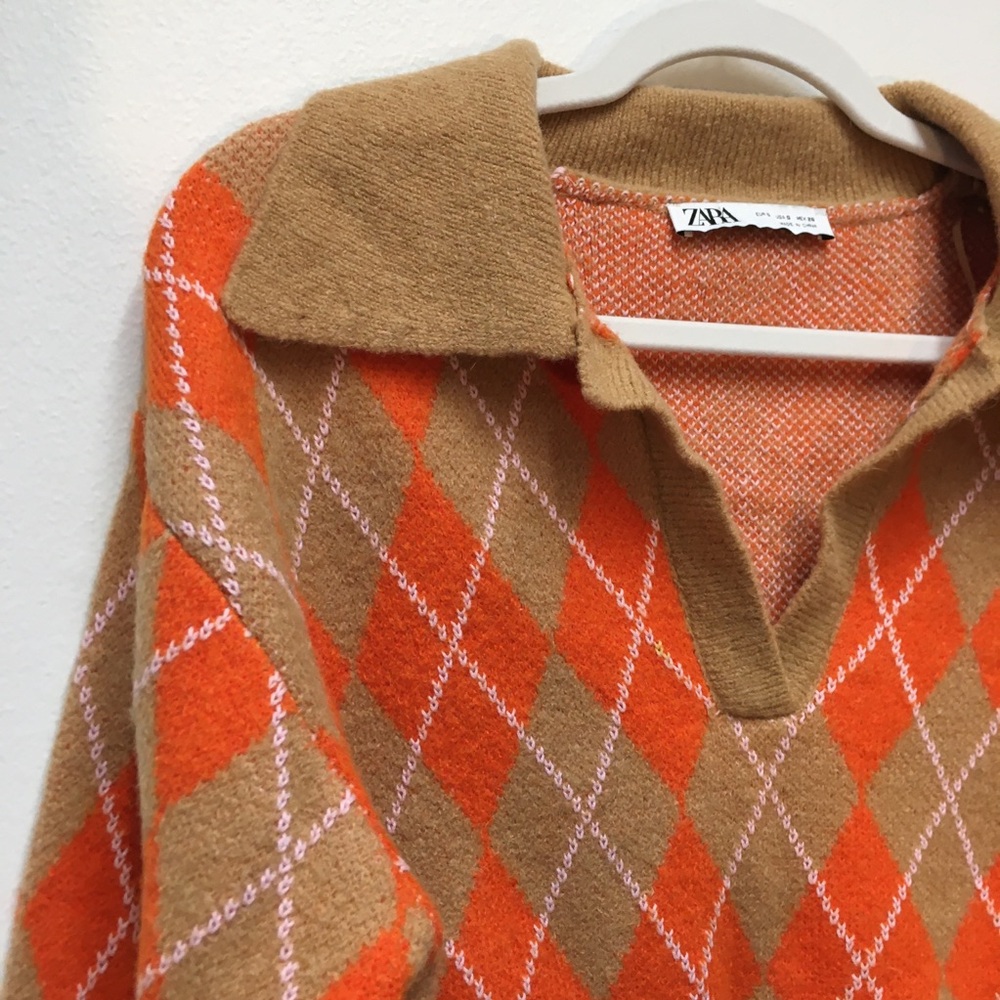 Zara Alpaca Wool Blend Argyle Crop Sweater Medium Tan Orange Stretch Cozy Fall - Picture 3 of 8